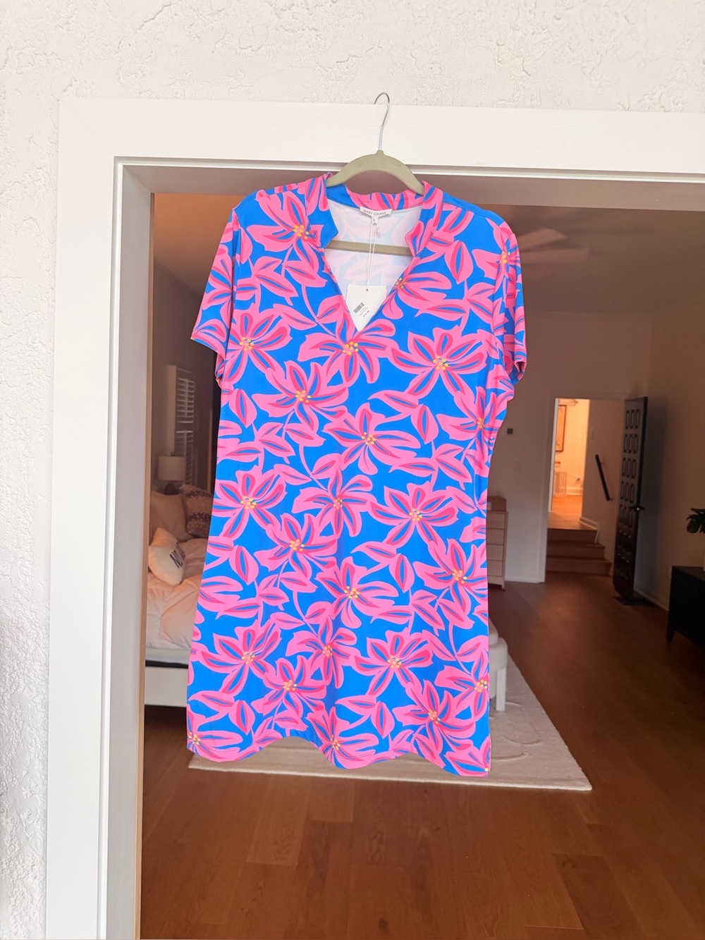Short V-Neck Mini Dress in Bright Blue with Pink Floral Print